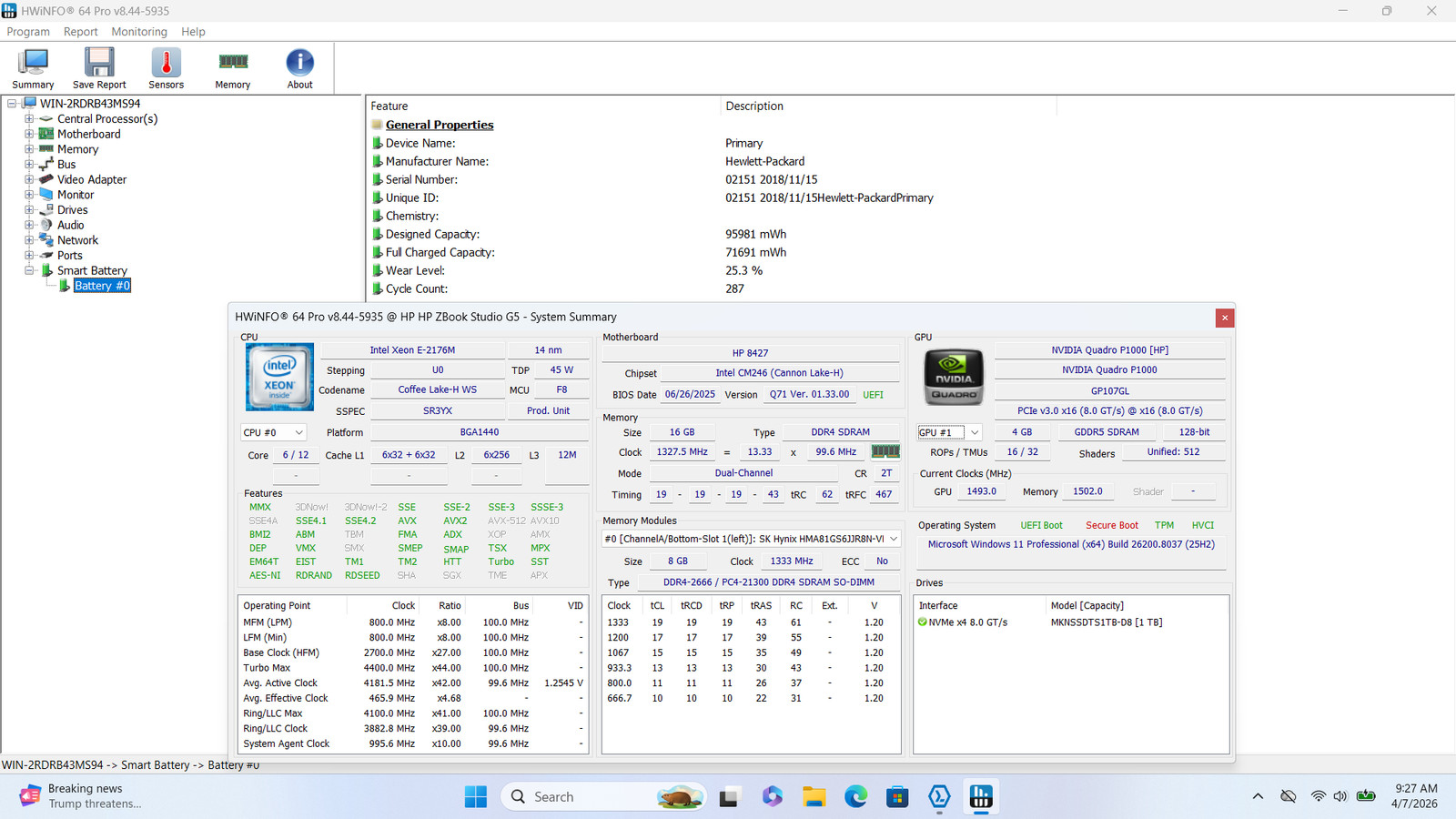 HP ZBook Studio G5 15″ FHD XEON E-2176M 1TB SSD 16GB W11P Quadro P1000 120Hz