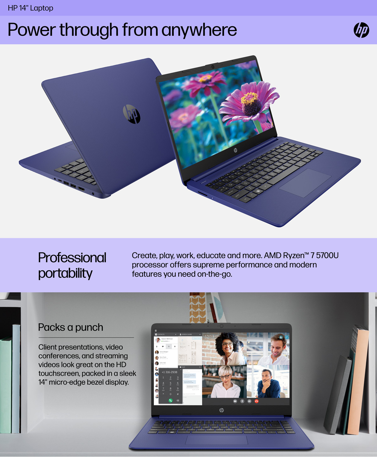 HP Laptop Computer 14″, 8-Core Ryzen 7, 12GB RAM 256GB SSD, Win 11 Pro MS Office