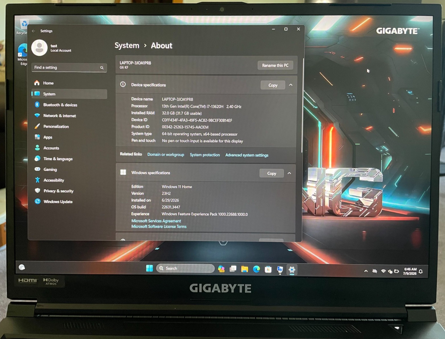 Gigabyte G6 KF WUXGA 165hz (Intel i7-13620H RTX 4060 8GB 32GB/1TB) Gaming Laptop