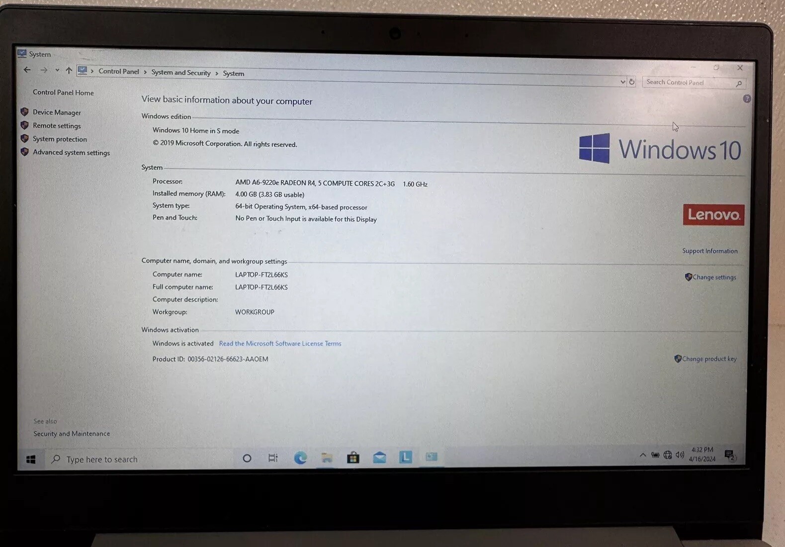 13″ Lenovo AMD A6-9220e Radeon R4, 2C+3G 8GB 256GB Laptop Windows 10 Tested