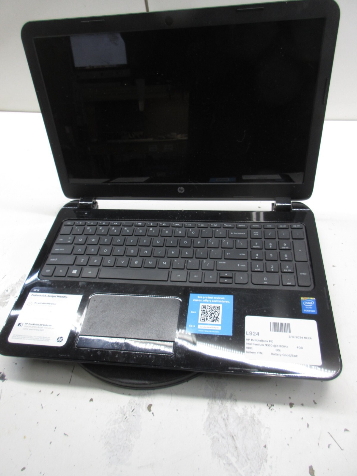 HP 15-r029wm Intel Pentium N350 2.16GHz 4GB NO HDD No Batt