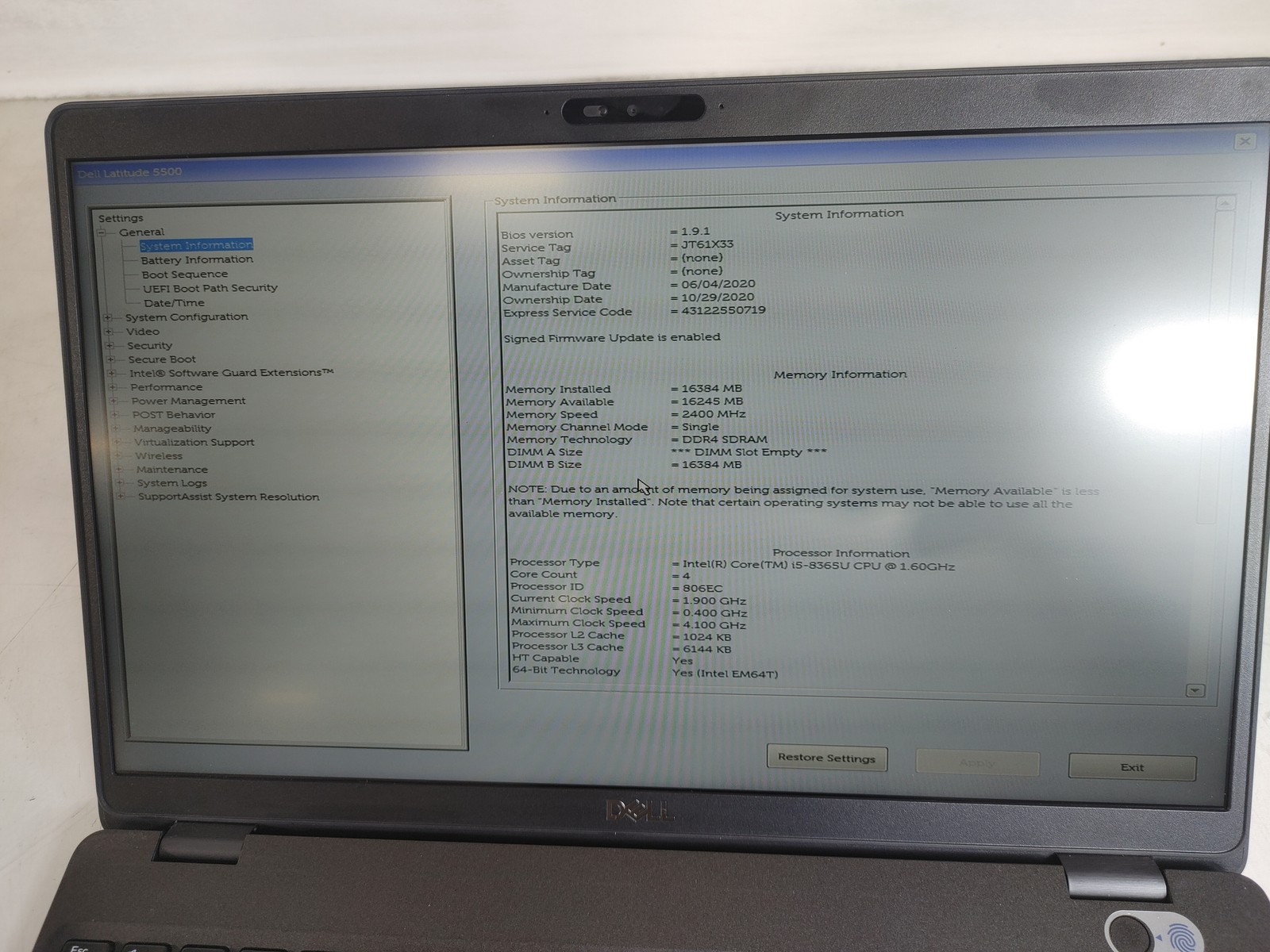 Dell Latitude 5500 Core i5-8365U 1.60 GHz 16 GB DDR4 No HDD