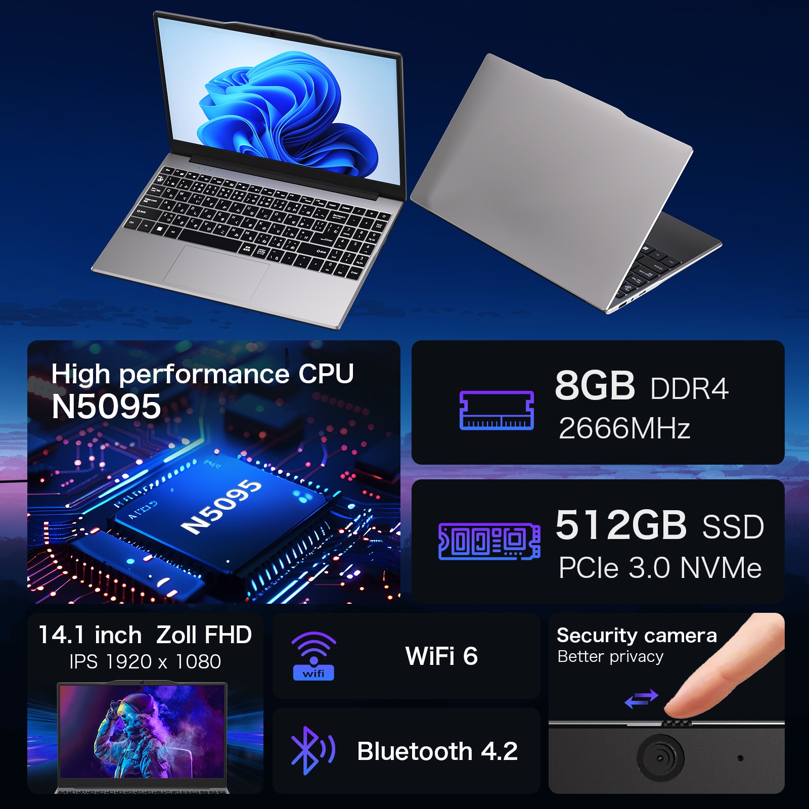 14.1″ FHD Student Laptop N5095 CPU 8GB RAM+512GB SSD WiFi6 | Win11 PRO Supported