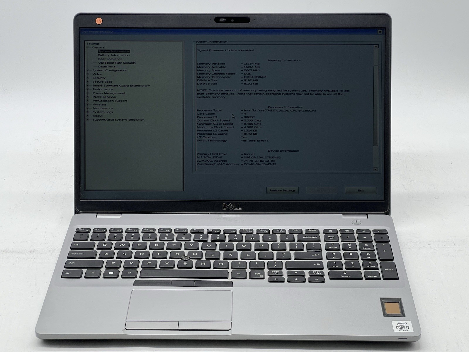 Dell Precision 3550, i7-10510U CPU, @1.80GHz, 16GB RAM, 256GB NVMe-No OS/Charger