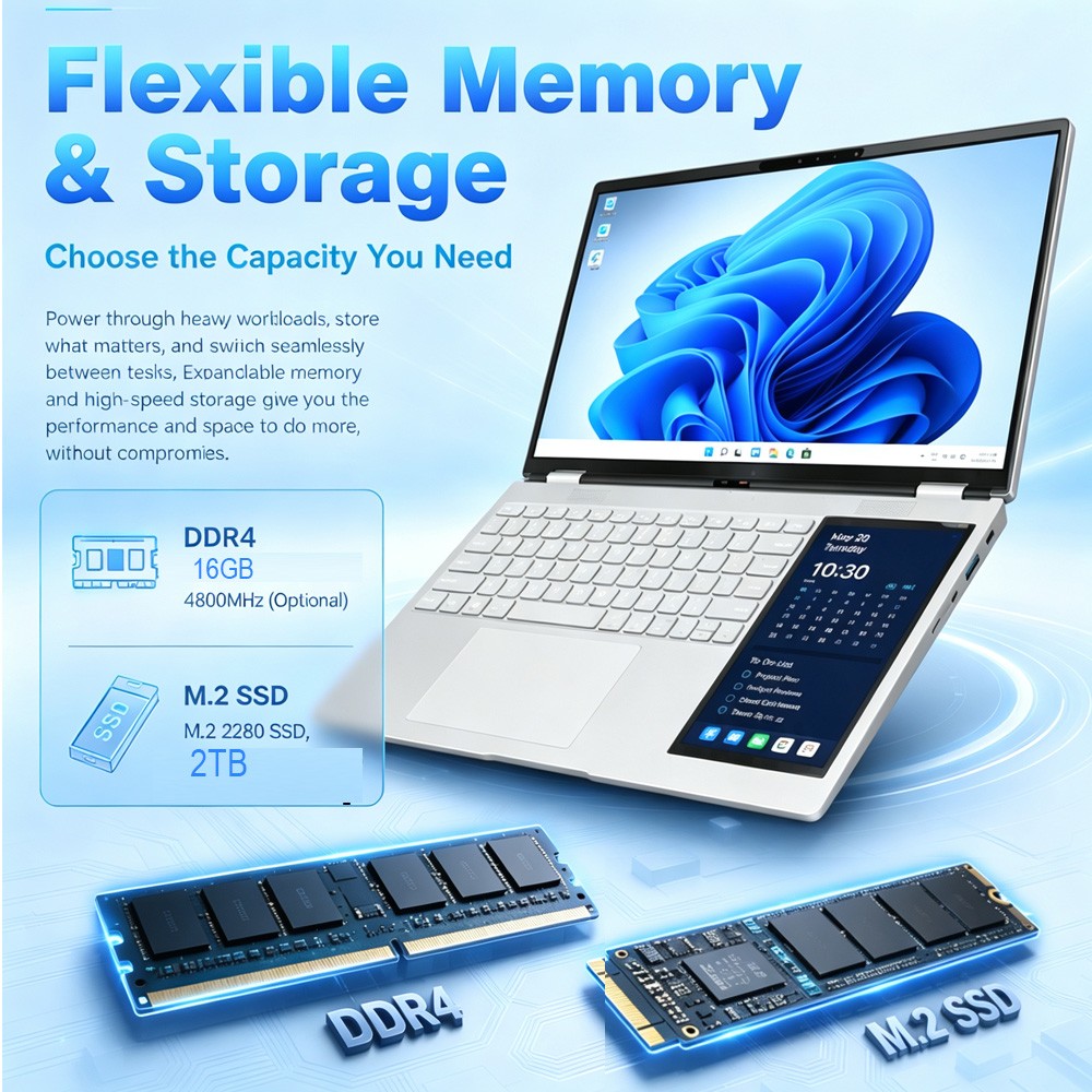 Dual Screen Laptop15.6+7″Touch Intel N150 16GB DDR4 RGB Keyboard Face ID Windows