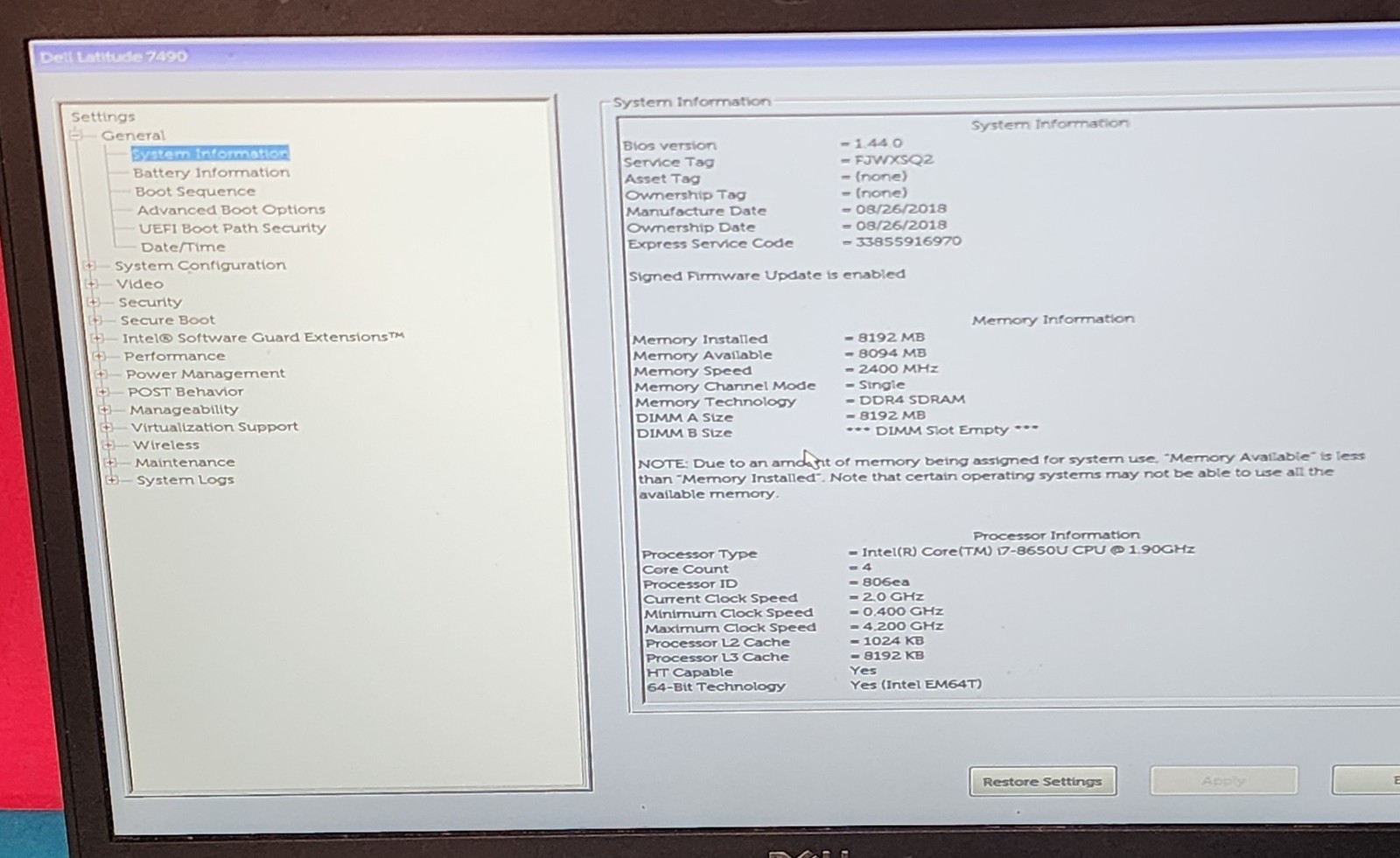 Dell Latitude 7490 14″ FHD i7-8650U CPU 8GB 120GB SSD Win11Pro