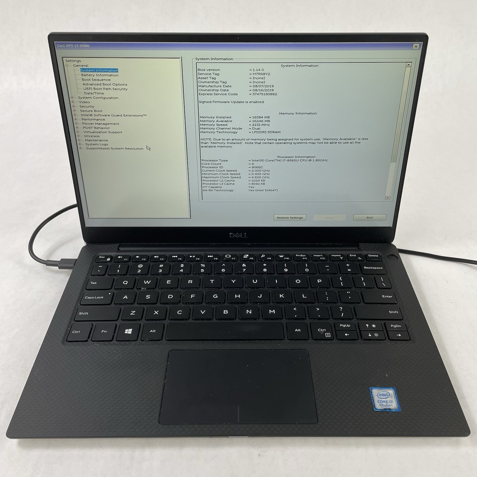 Dell XPS 13 9380 13.3″ i7-8565U 1.80GHz 16GB RAM No SSD No OS No Batt Bad Corner