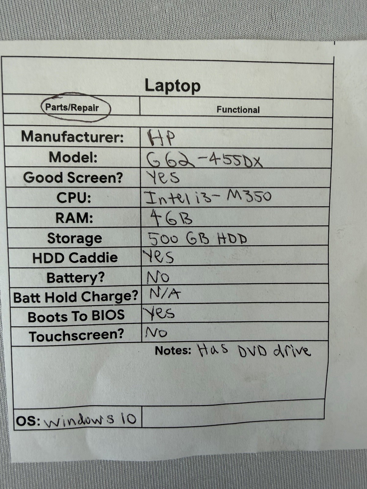 HP G62-455DX Laptop – Good Screen – Intel i3-M350 – Read Des