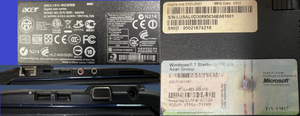 Acer Aspire One notebook laptop Windows 7 Starter