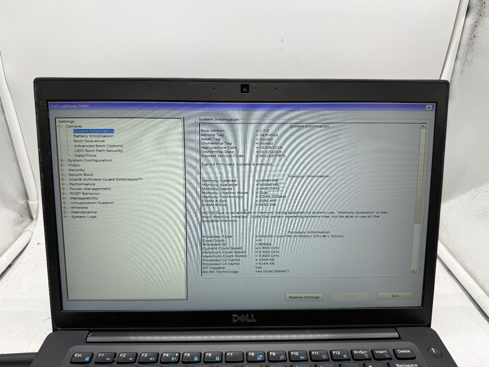 Dell Latitude 7490 14 inch, Core i5-8350U, 16GB RAM, NO SSD/Charger