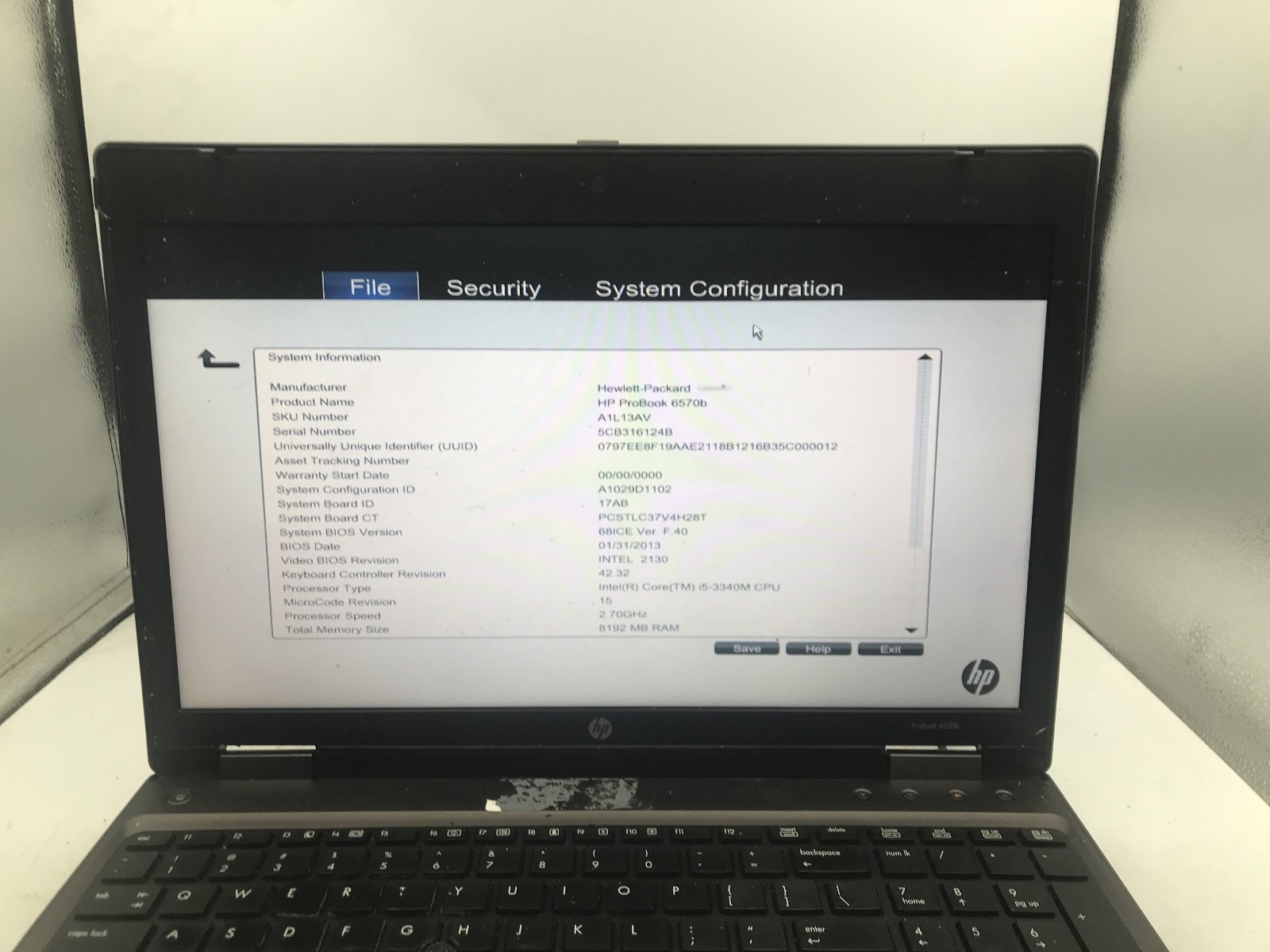 HP PROBOOK 6570B – BOOTS TO BIOS – INTEL I5 3340M – NO RAM – READ – BB