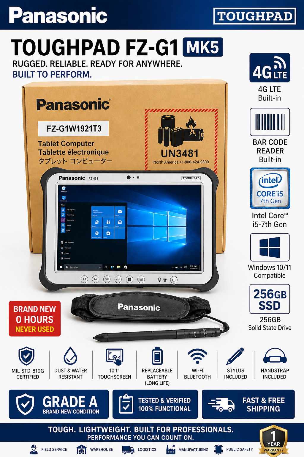 PANASONIC TOUGHPAD FZ-G1 MK5 7th 8GB Diagnostic Tablet Win 11 Barcode Reader 256