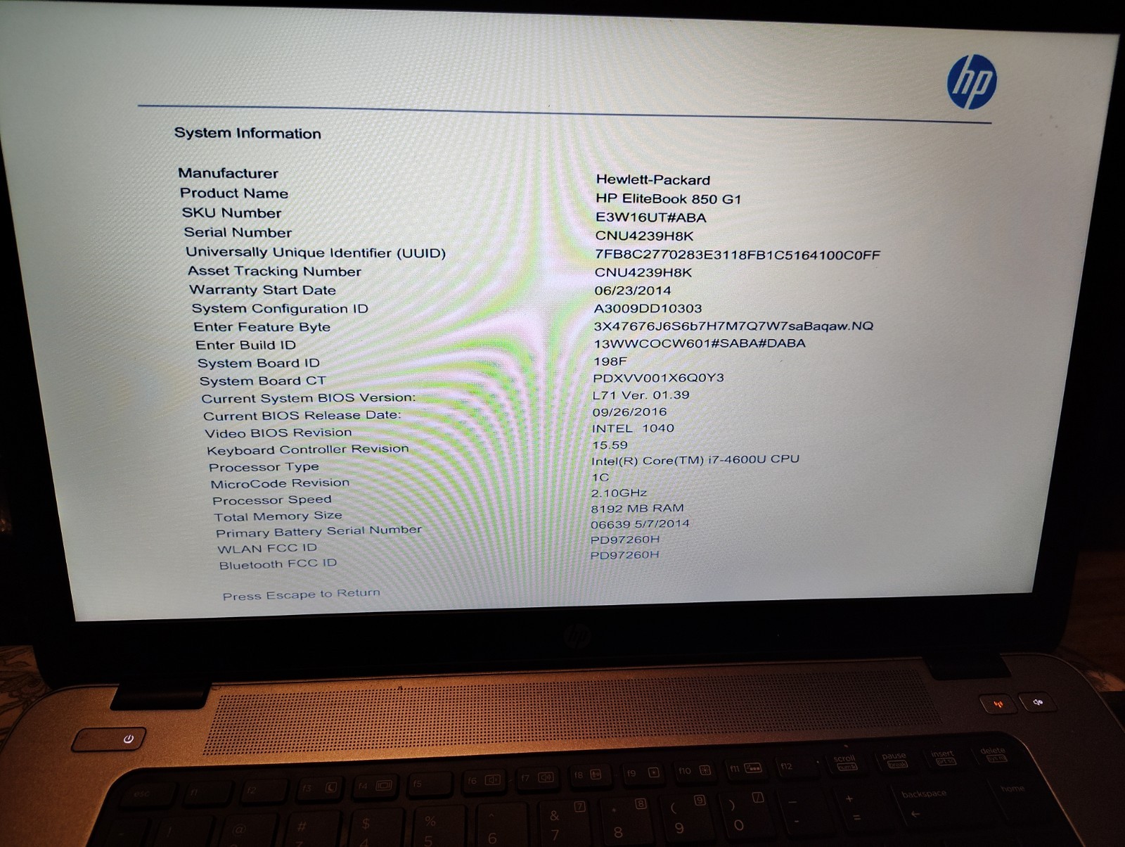 HP EliteBook 850 G1 15″ Core i7-4600U 2.1GHz 8GB RAM NO DRIVE BIOS LOCKED PARTS