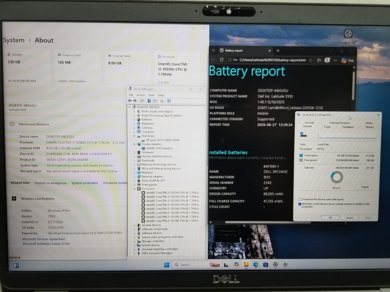 AS-IS Dell Latitude 5510 15.6″ FHD i5-10310U 1.7GHz 8GB RAM 256GB SSD W11P NO AC