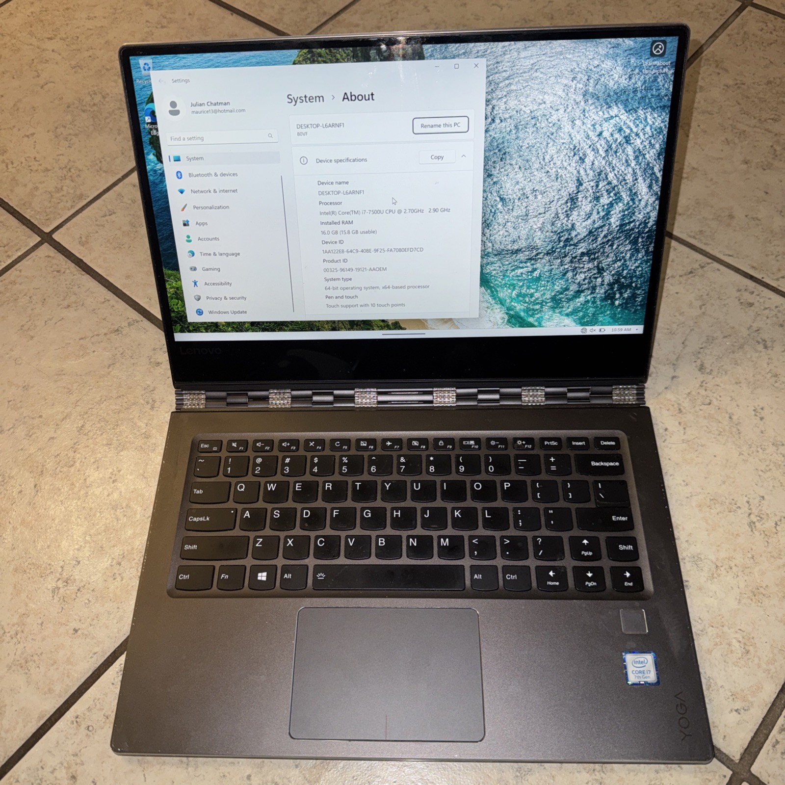 Lenovo Yoga 910-13IKB 80VF 13in Touch i7 2.50GHz 16GB Ram 1TB SSD Win 11 No Plug