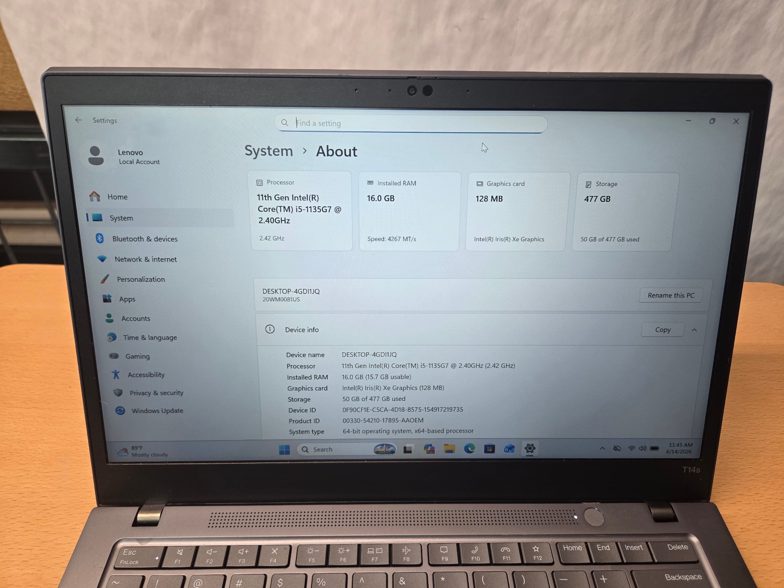 Lenovo ThinkPad T14 Gen2 I5-1135G7 16GRAM 512GSSD WIN11P Iris Xe Touchscreen