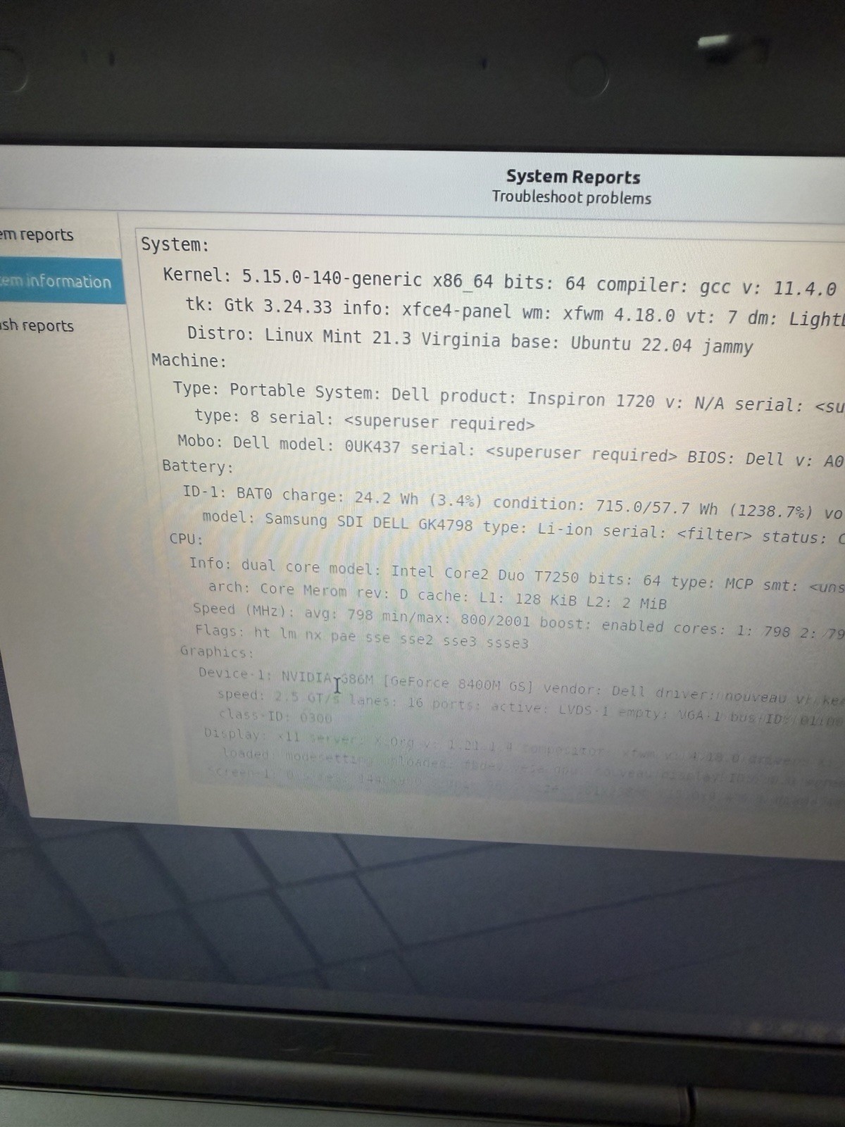 dell inspiron 1720 laptop 320 /2GB Linux Mint OS 21.3. Works. READ.