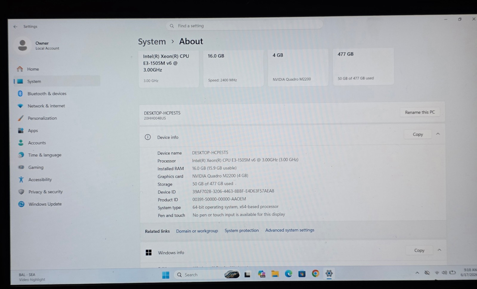 Lenovo P51 Xeon E3-1505M v6@3Ghz 16GB RAM 512GB NVMe WIN 11 PRO – NO CHARGER