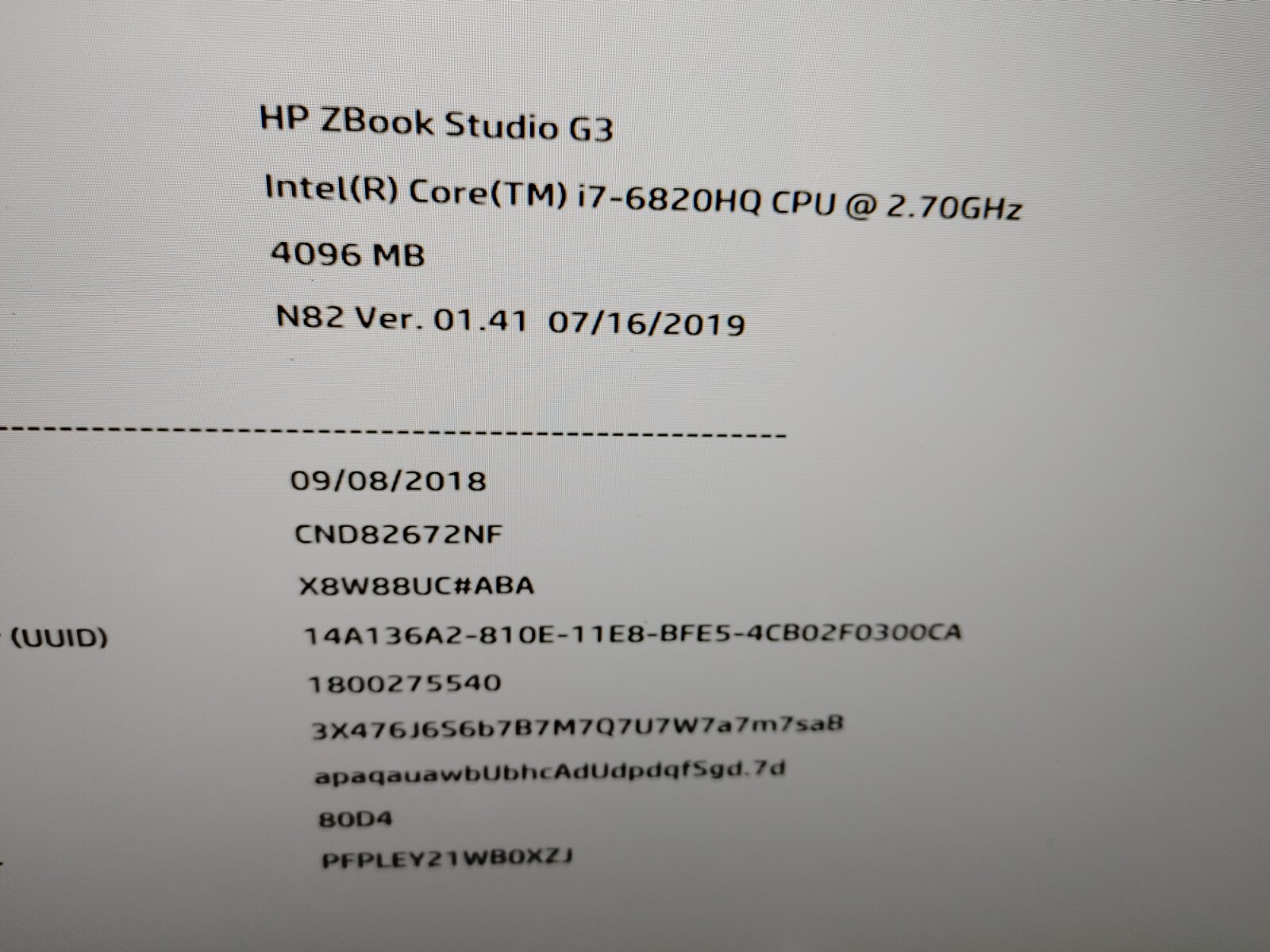 HP ZBook Studio G3 Core i7-6820HQ@ 2.70GHz, 4GB RAM,NO SSD FOR PARTS ONLY.