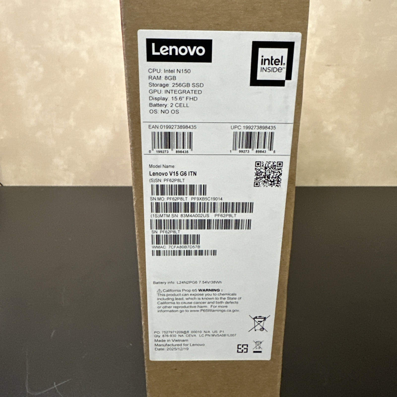 Lenovo V15 G6 ITN, 15″ FHD, N150, 8GB RAM, 256GB SSD, Win 11