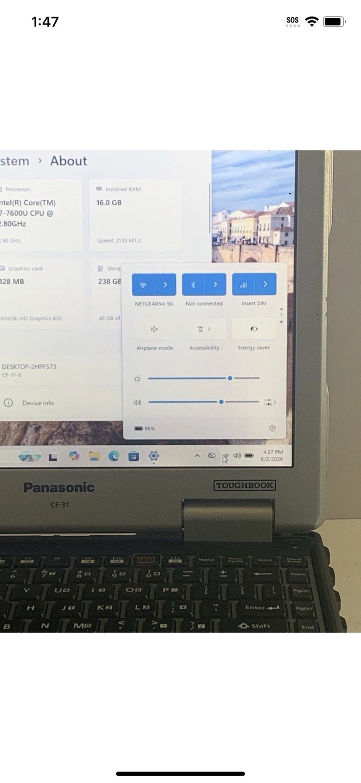 Panasonic Toughbook CF-31 MK6 i7-7600U Touch 16GB 256 SSD Win11pro 4G/DVD -Clean