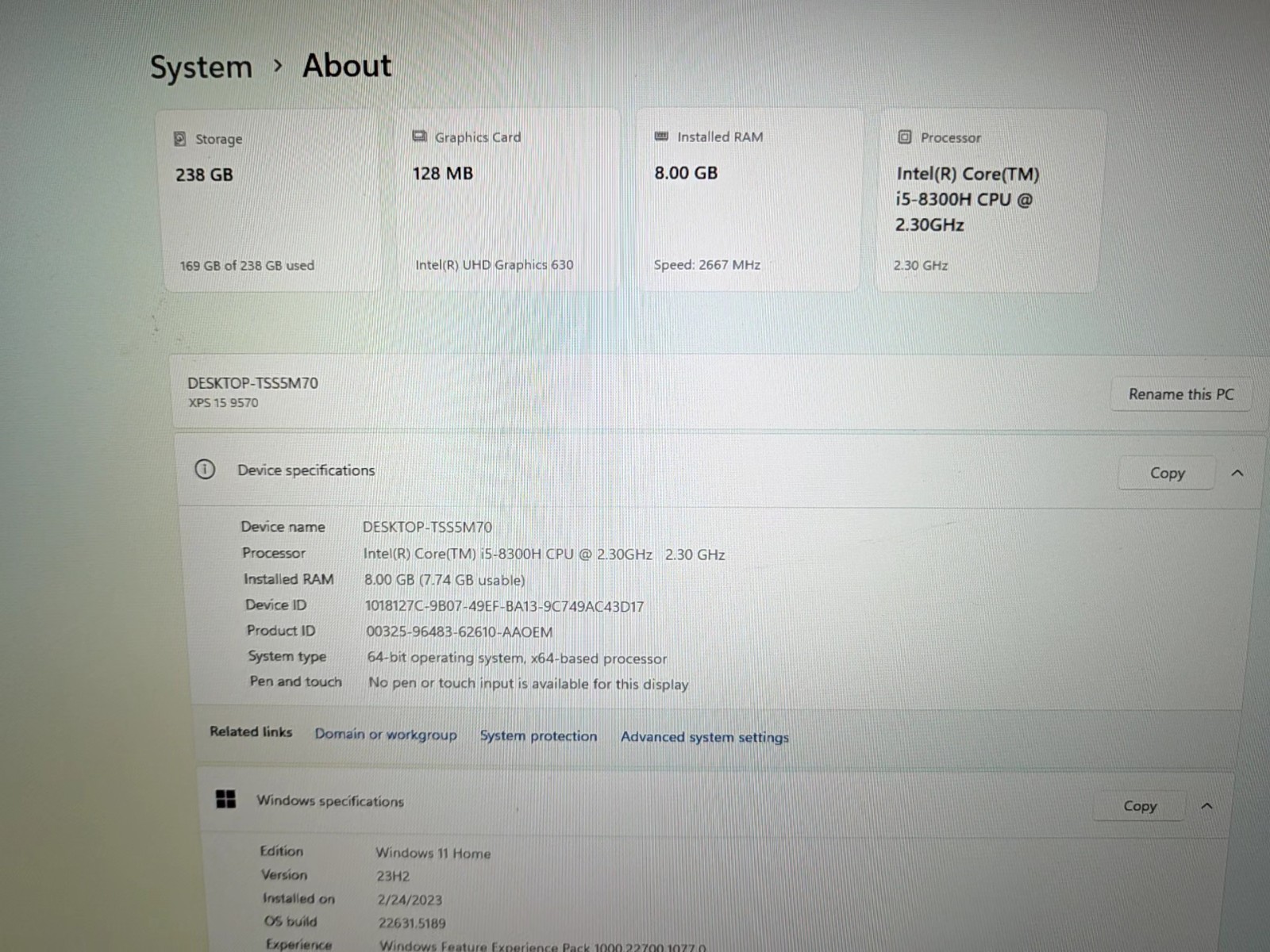 Dell XPS 15 9570 Intel Core i5-8300H 2.3GHz 8GB RAM 256GB NVMe