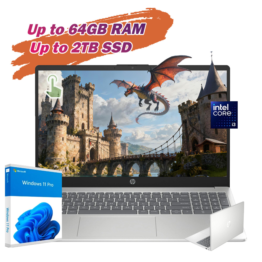 2025 HP 15.6″ Touchscreen Laptop, Intel i3-1315U, 64GB + 2TB, Win11 Pro, Silver