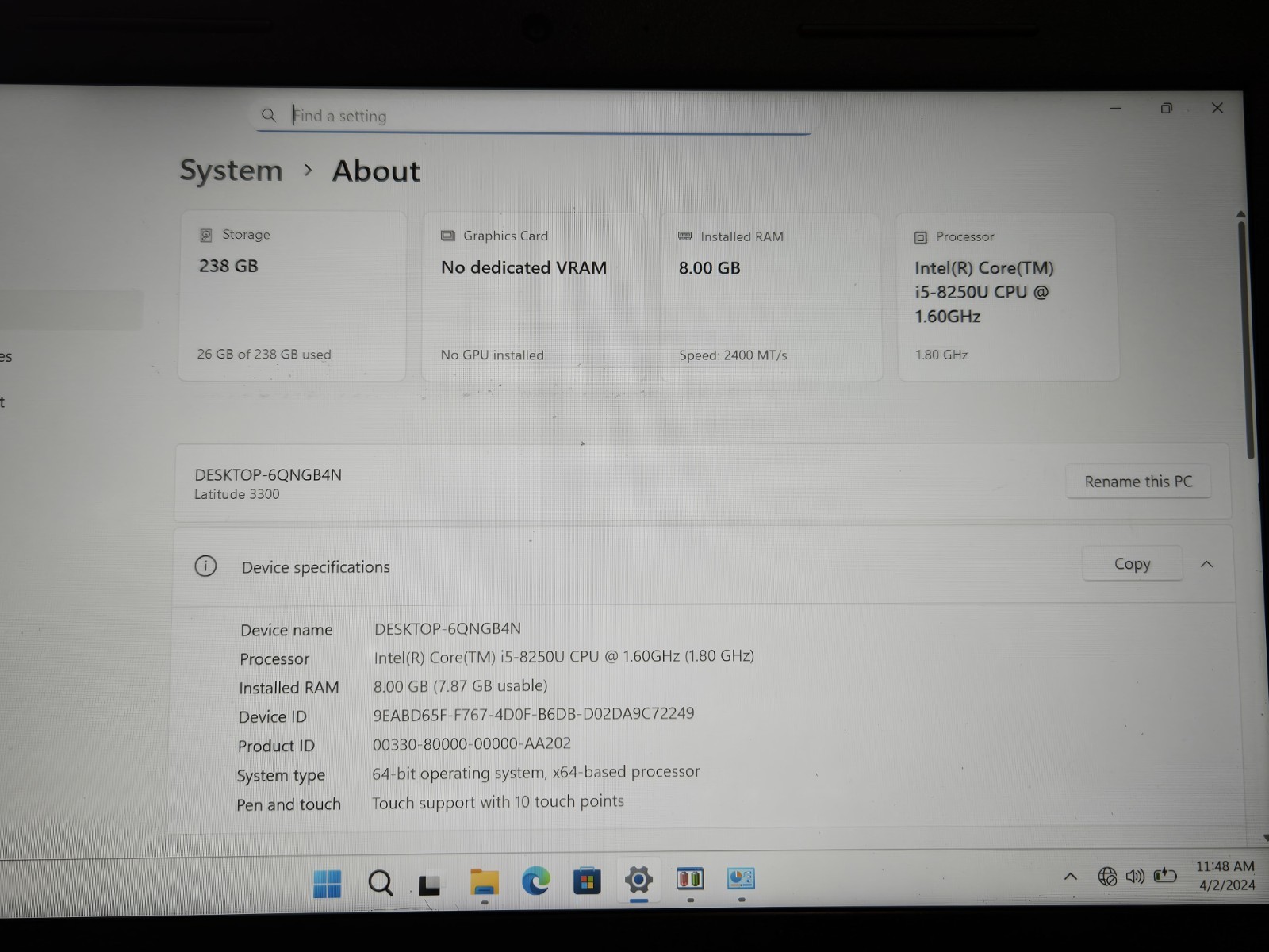 Dell Latitude 3310 13.3″ Intel i5 Black 8GB RAM 256GB SSD Win 11 Pro 65w Charger