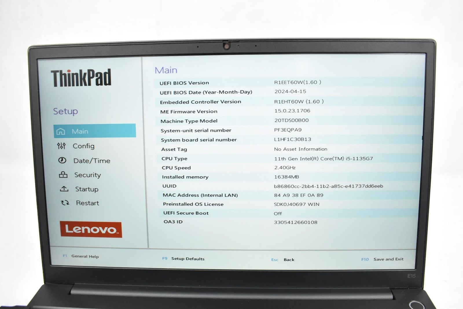 Lenovo Thinkpad E15 Gen 2 i5-1135G7 2.4GHz 16GB 256GB SSD 15.6″ No OS *See Issue