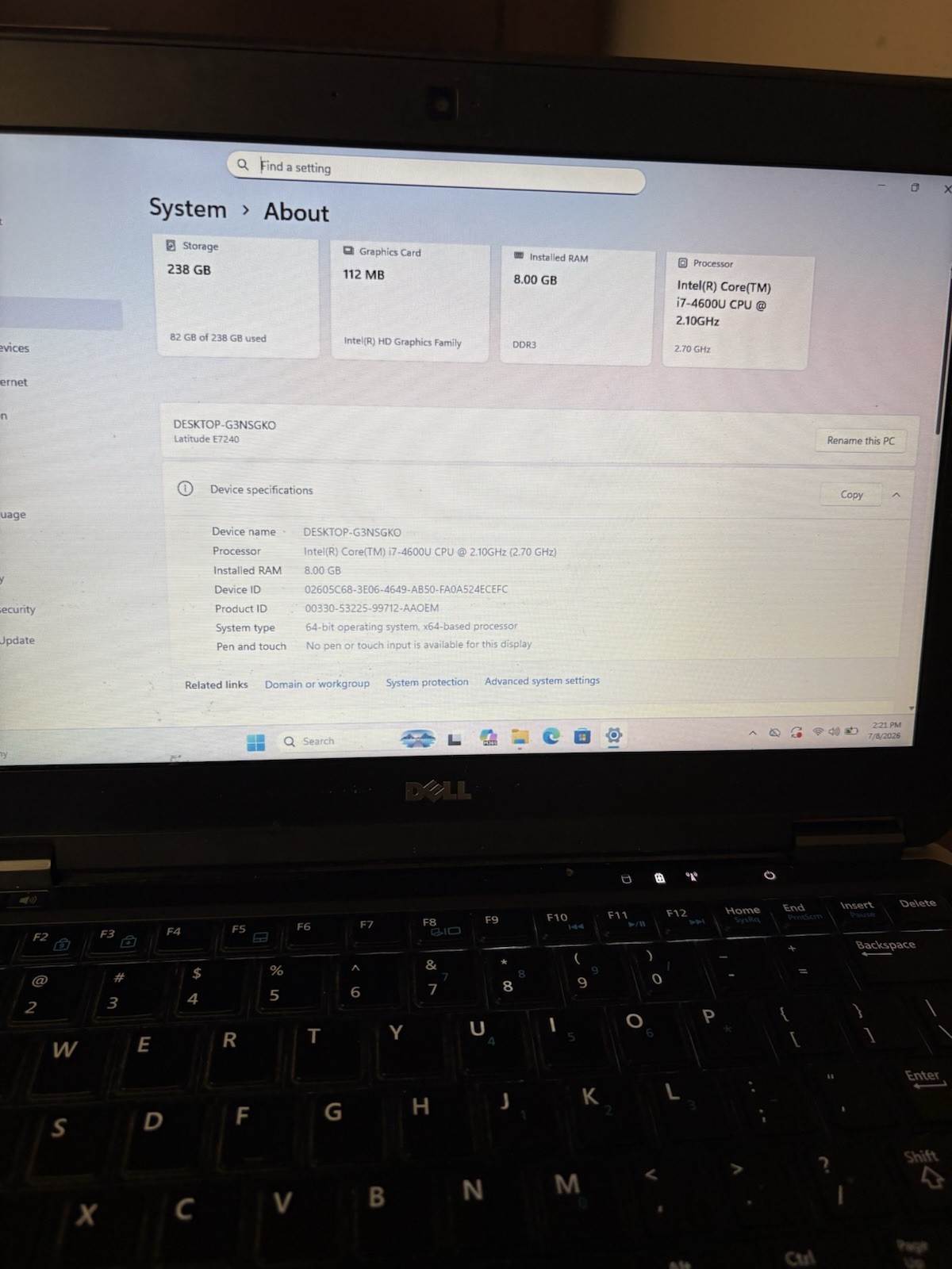 Dell latitude E7240 Core i7 4th gen 2.10 Ghz 12.5” 256 SSD 8 GB RAM Win 11 Pro