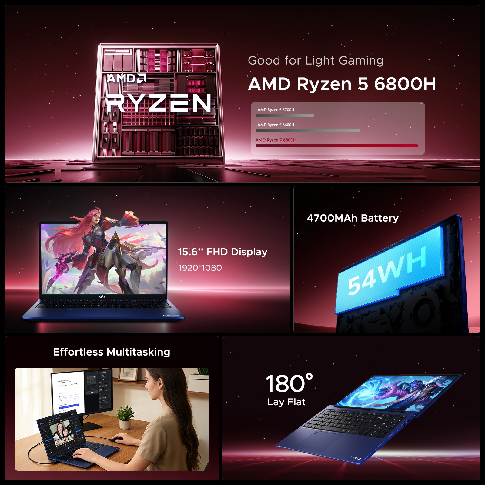 NIMO 15.6″ Light Gaming Laptop AMD R7 6800H 32GB LPDDR5 RAM 1TB SSD Up to 4.7GHz