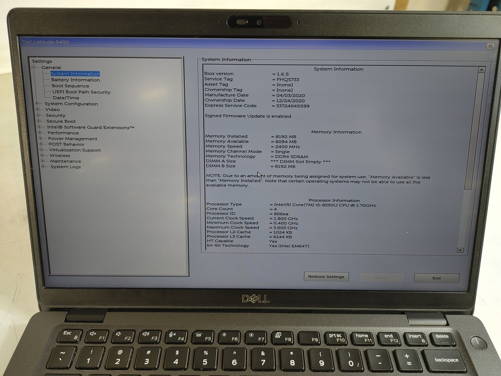 Dell Latitude 5400 Core i5-8350U 1.70 GHz 8 GB DDR4 No HDD