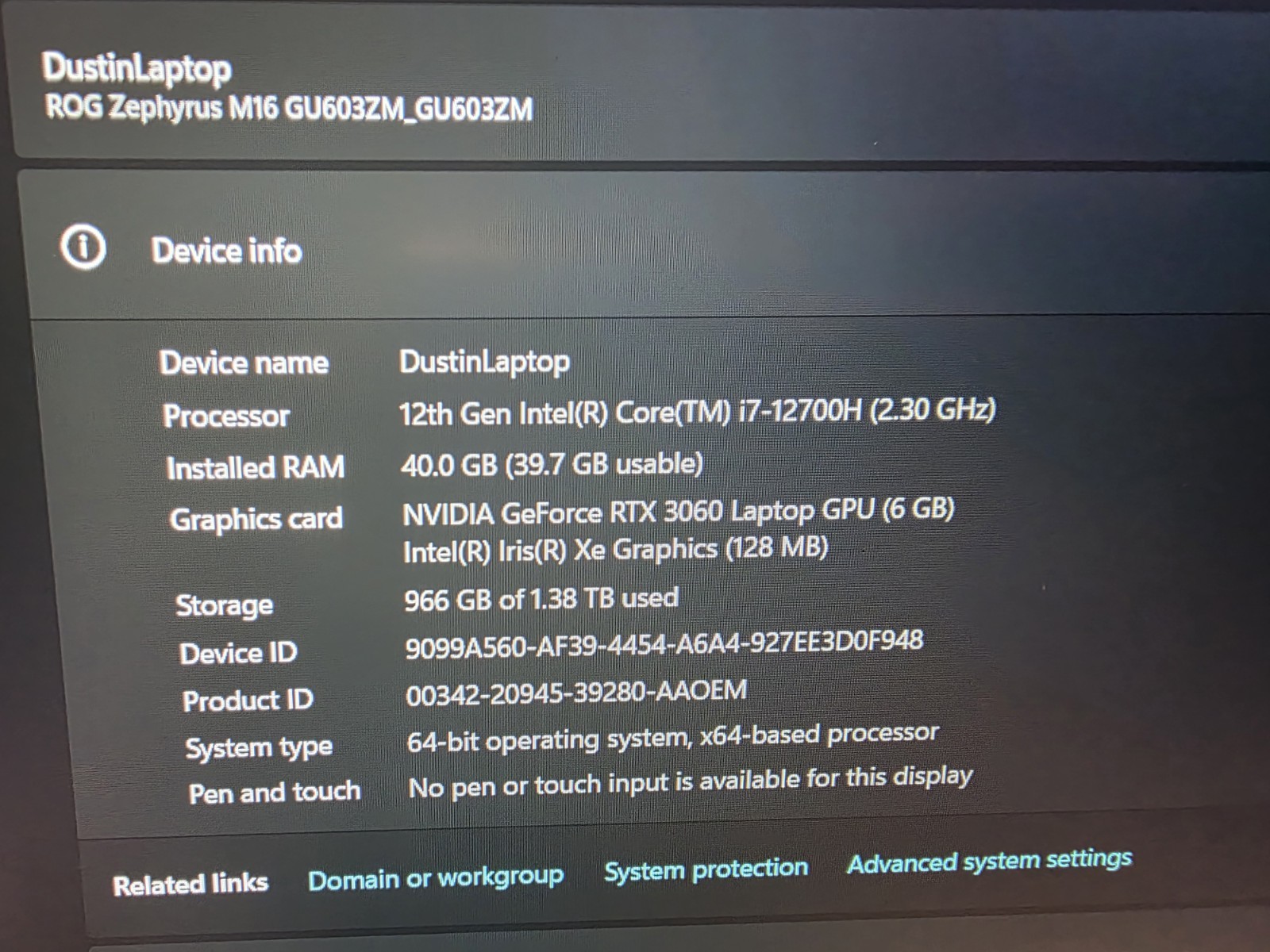 Asus ROG Zephyrus M16 GU603 16 165Hz FHD+ 2.3GHz i7-12700H 40GB 1.5 TB +RTX 3060