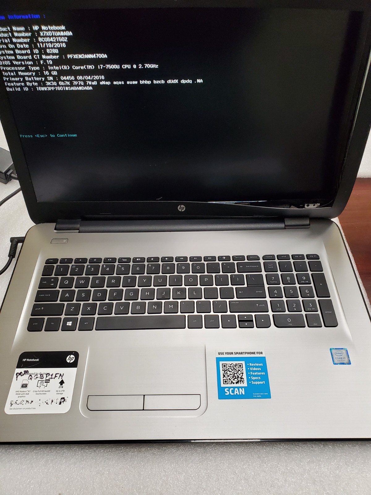 HP Notebook 3168NGW Core i7-7500U@2.70GHz, 8GB RAM, NO HD FOR PARTS
