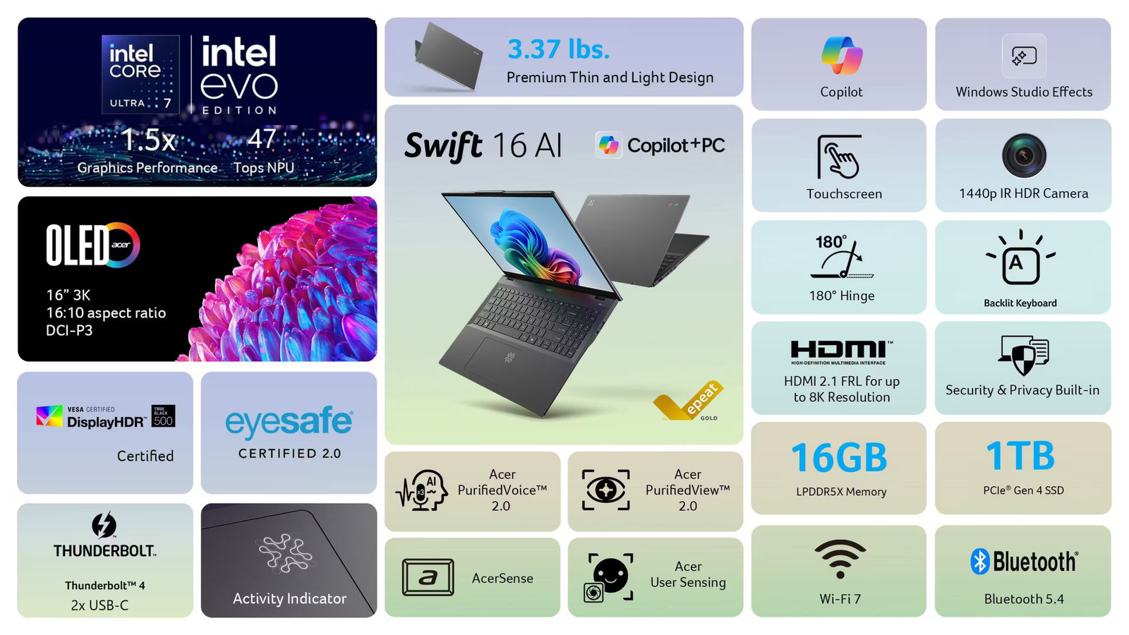 Acer – Swift 16 AI – 16″ 3K OLED Touch Laptop – Copilot+ PC Intel Core Ultr…
