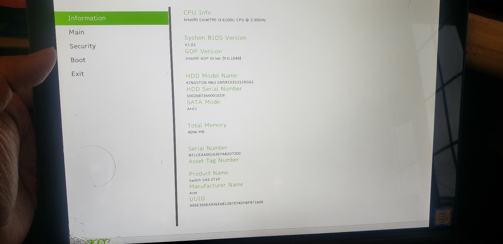 Acer Switch Alpha 12 SA5-271P; i3-6100U 2.3 G; 4GRAM; 128 Gb SSD