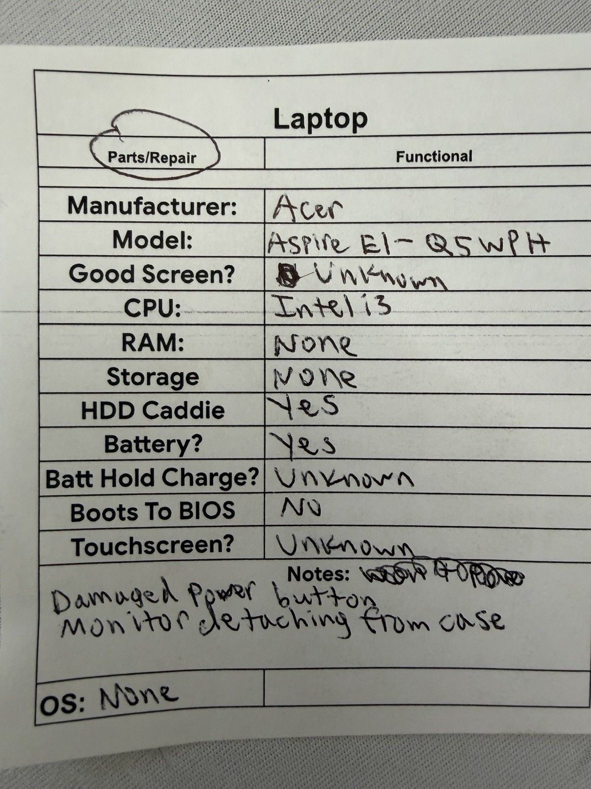 Acer Aspire E1-Q5WPH Laptop – Unknown if Screen is Good- Intel i3- Read Des