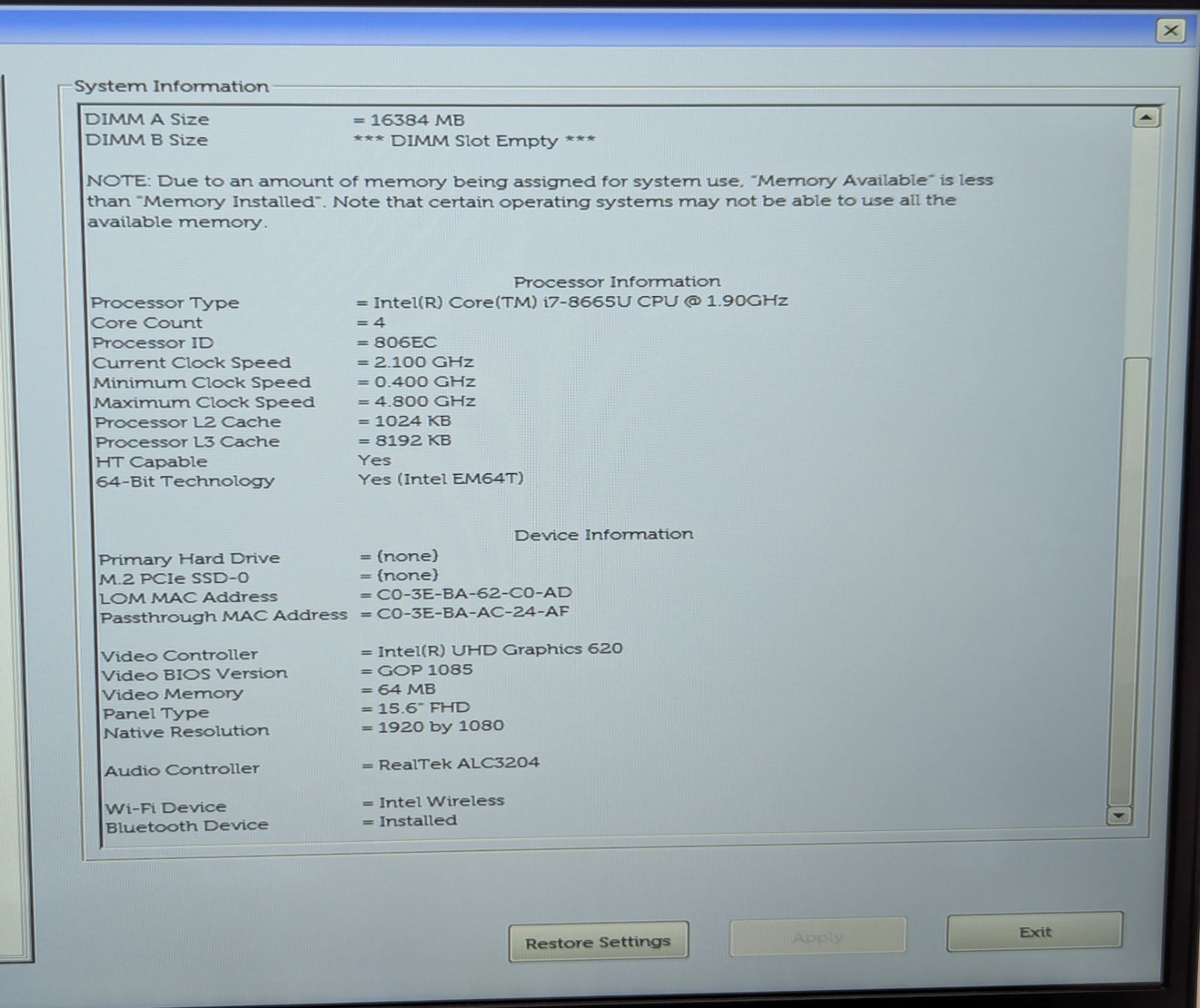Incomplete Dell Latitude 5500 15.6″ Laptop Intel Core i7-8665U 1.90GHz 16GB RAM