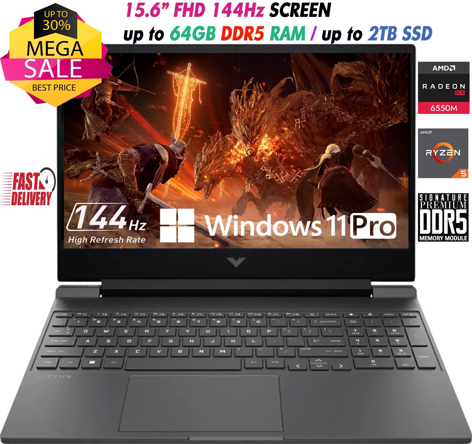 HP Victus 15.6″ FHD Gaming Laptop R5-7535HS 8GB 512GB RX 6550M Backlit Win11 PRO