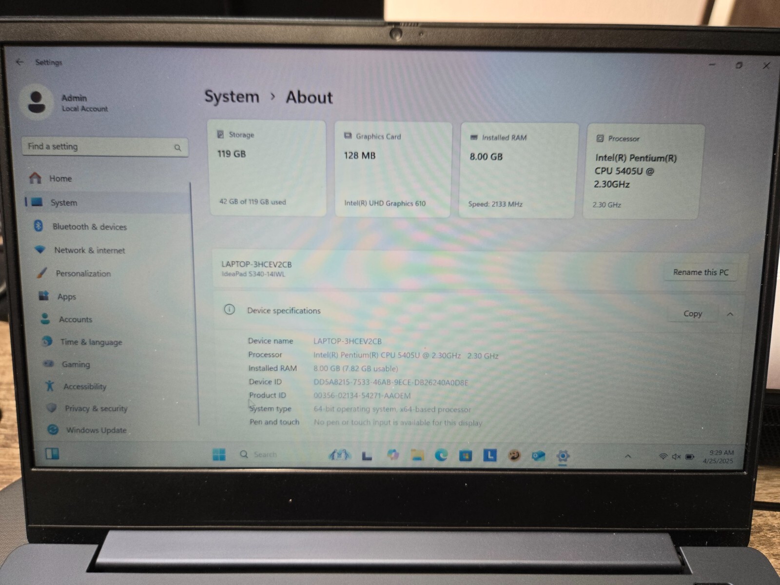 Lenovo IdeaPad S340-14IWL Win11 Intel Pentium 5405U 2.3GHz 8GB RAM 128GB SSD 14″