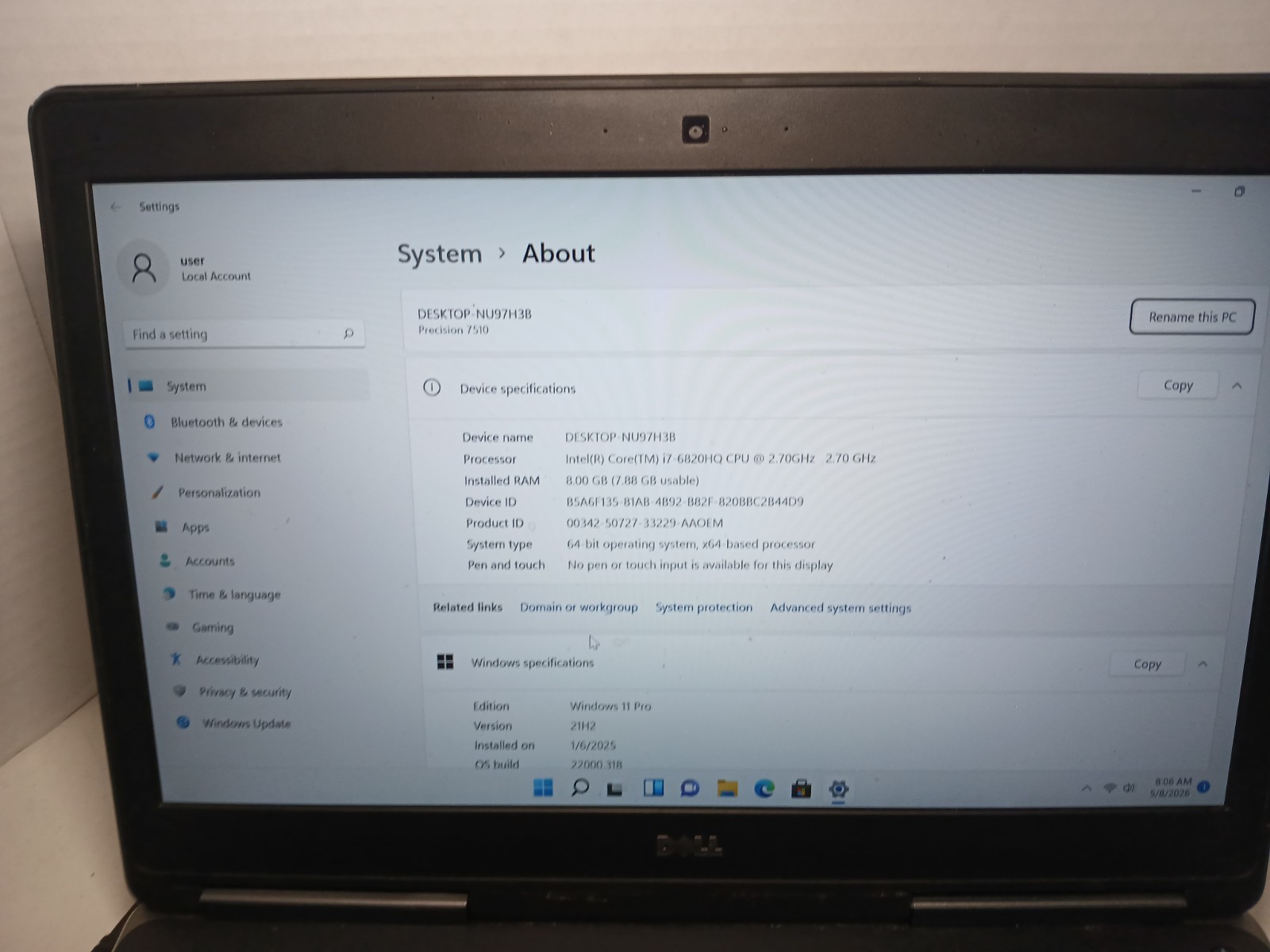 Dell Precision 7510 15.6″ Laptop i7-6820HQ 8GB 256GB SSD Win11 M1000M! #97