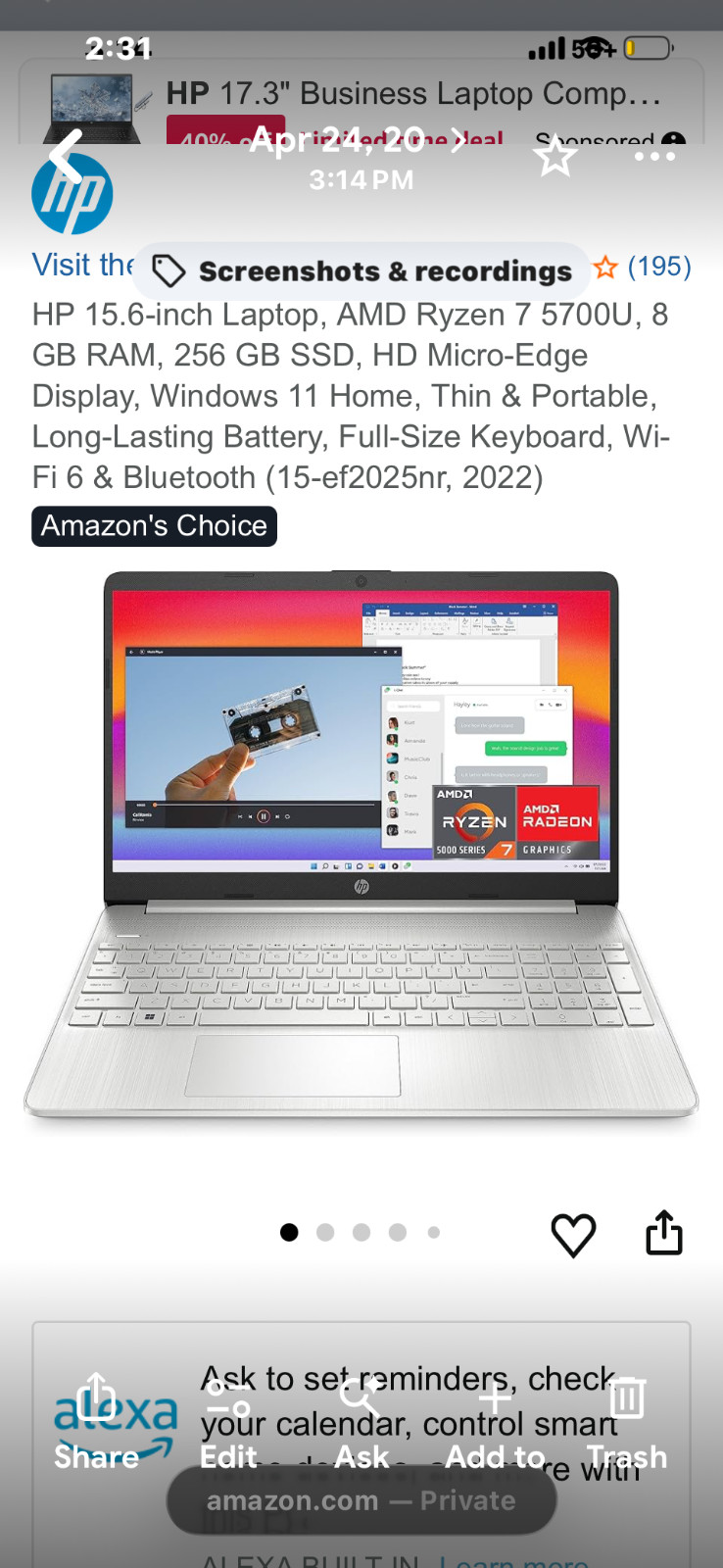 HP 15-ef2033dx 15.6″ (256GB SSD, AMD Ryzen 3 5000 Series, 3.80 GHz, 8GB) Laptop