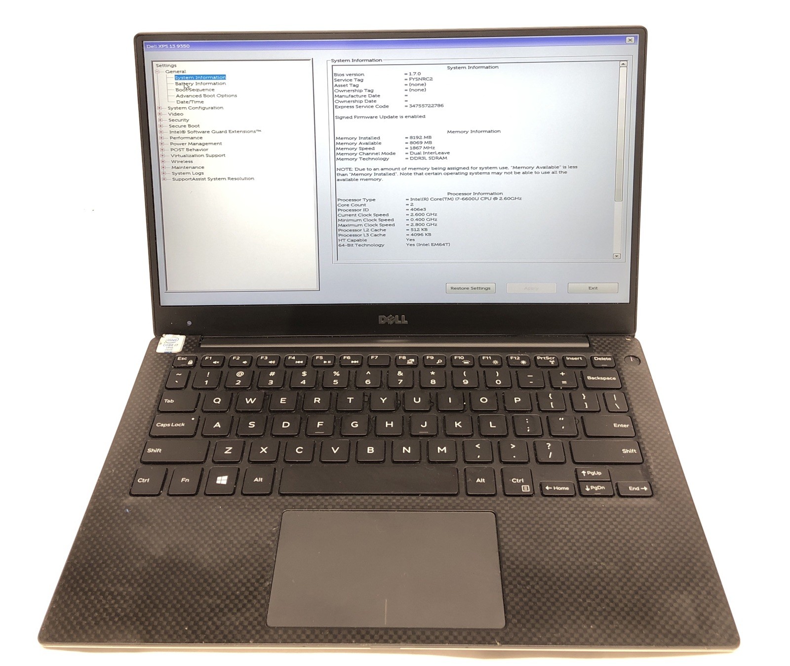 Dell XPS 9350, Intel Core i7-6600U @2.60Ghz, 8GB RAM, NO SSD/OS, TESTED!