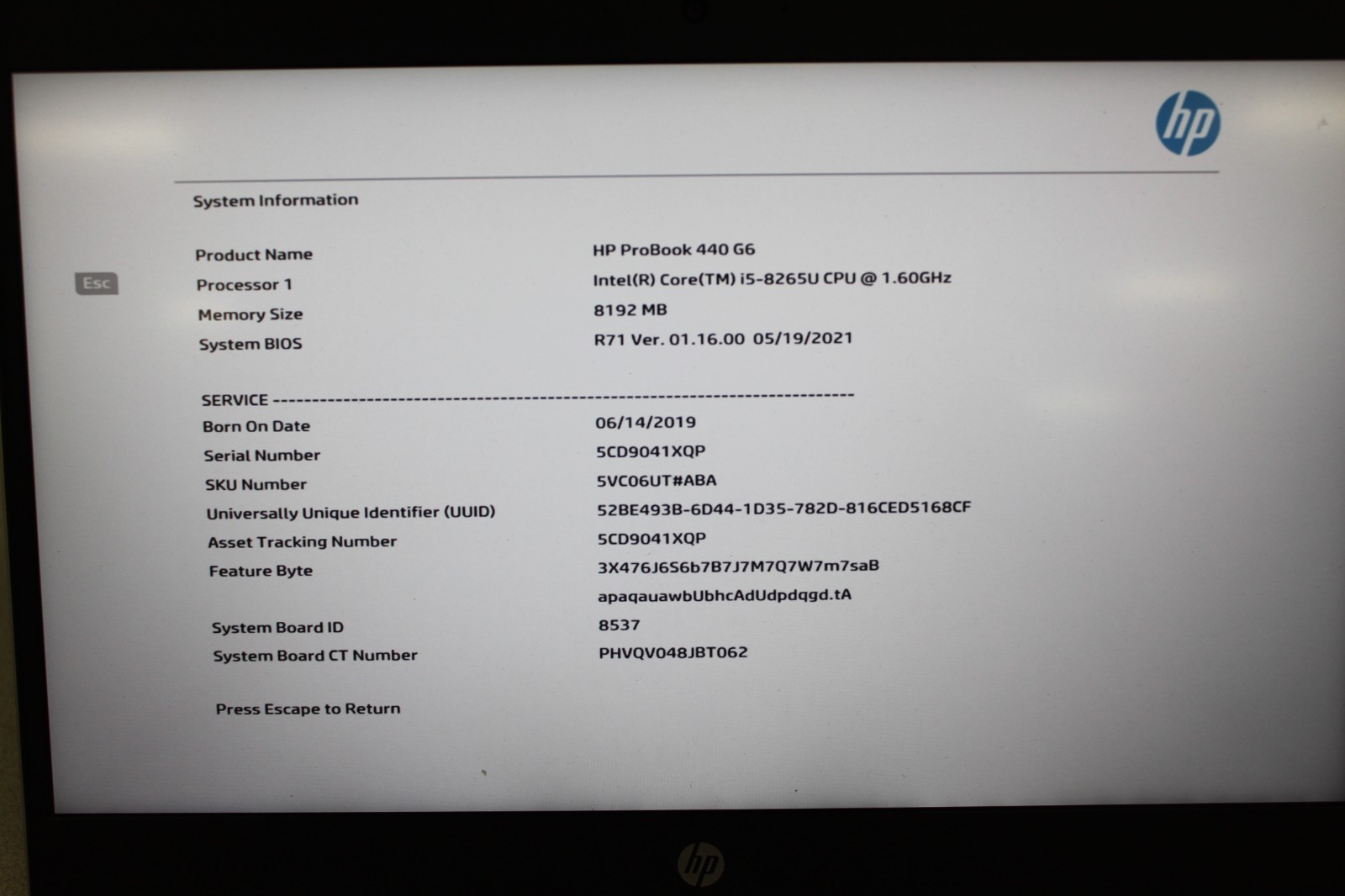 HP ProBook 440 G6 Laptop Intel Core i5-8265U 1.60GHz 8GB RAM 256GB SSD
