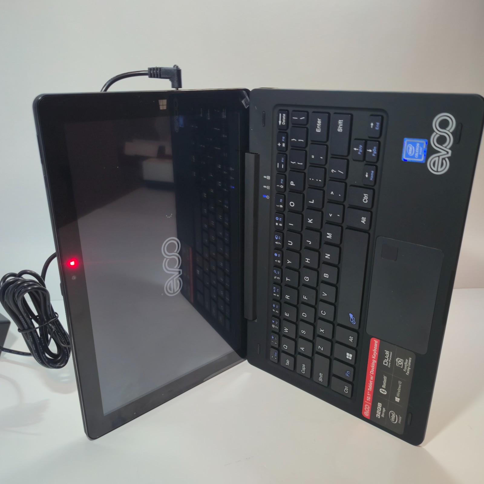 EVOO 10.1″ Tablet w/ Docking Keyboard, 32GB, Black, Dual Cameras, Needs Battery