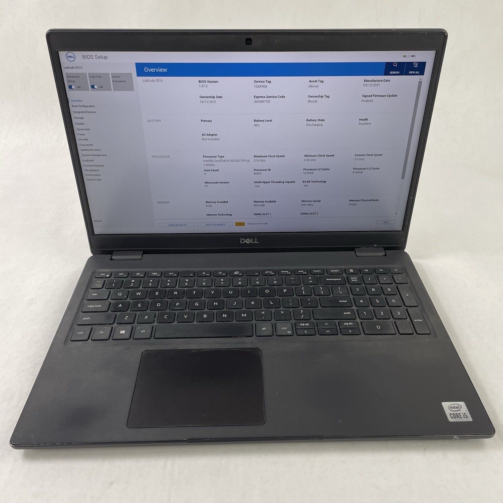 Dell Latitude 3510 15.6″ i5-10210U 1.60GHz 8GB RAM No SSD No OS – Bad Top/Corner