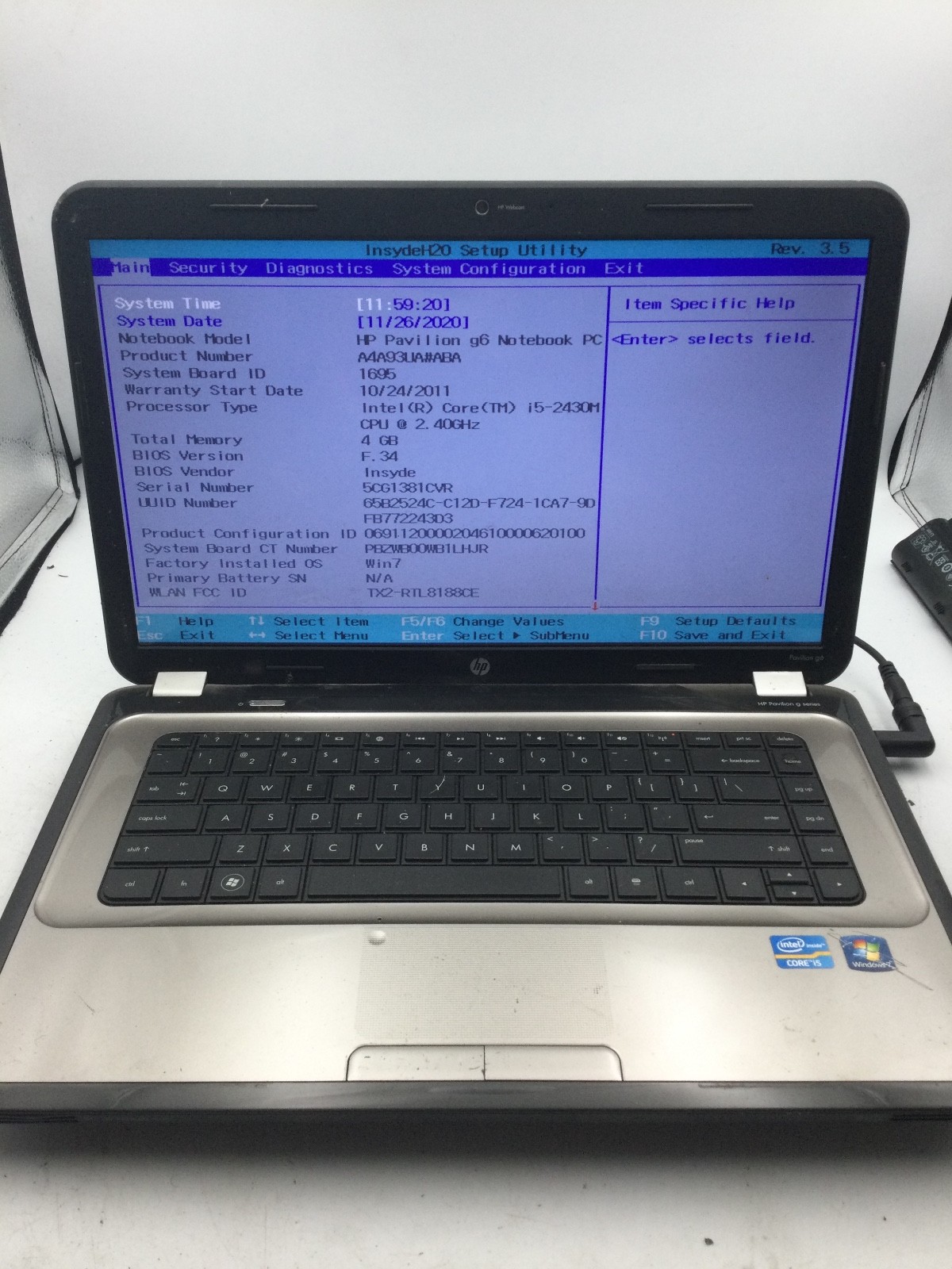 HP PAVILION G6 – BOOTS TO BIOS – INTEL I5 2430M – NO RAM – READ DESCRIPTION – BB