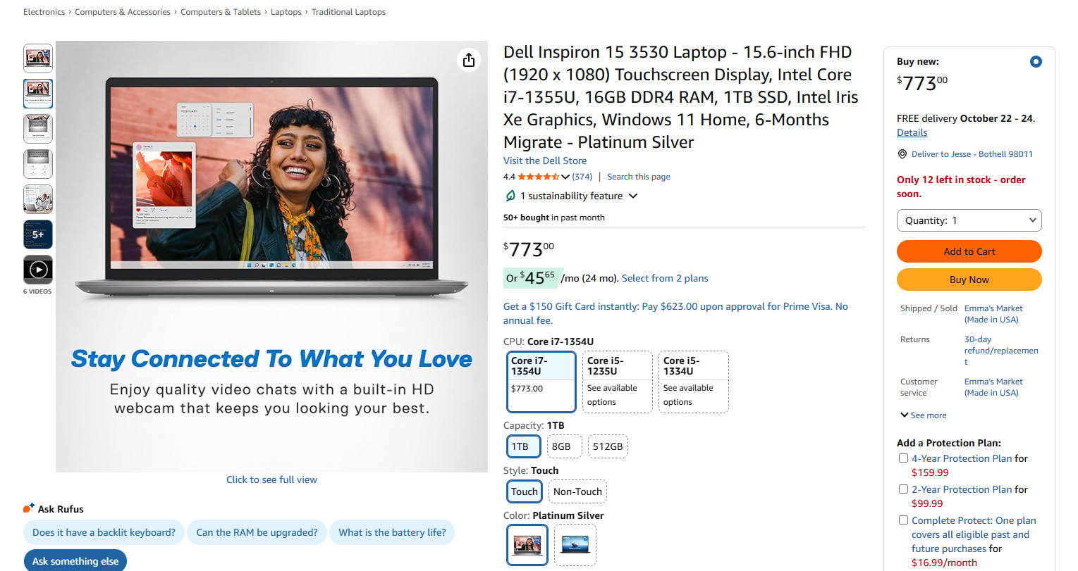 Dell Inspiron 15 3530 Laptop – 15.6″ Touchscreen, Black 16GB RAM, 1 TB SSD