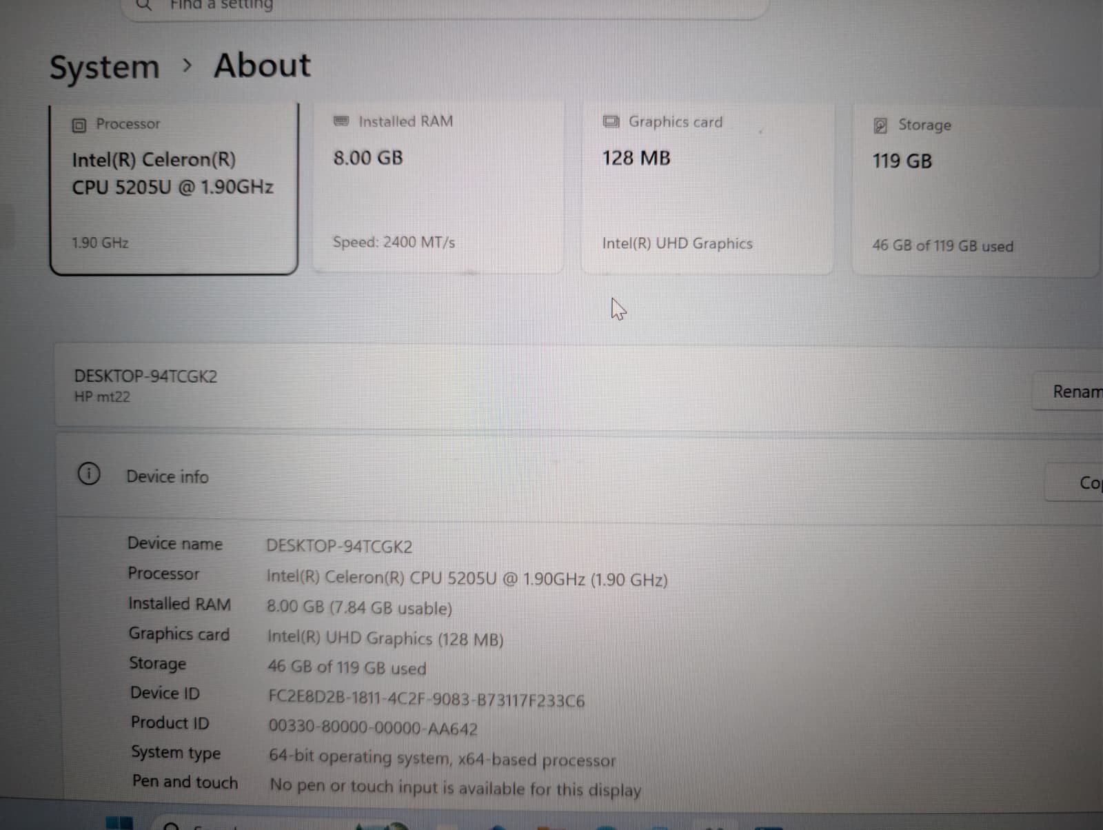 14″ HP ProBook MT22 | Pentium 5205U 8GB RAM 128GB SSD | FHD Backlit | Win 11 Pro