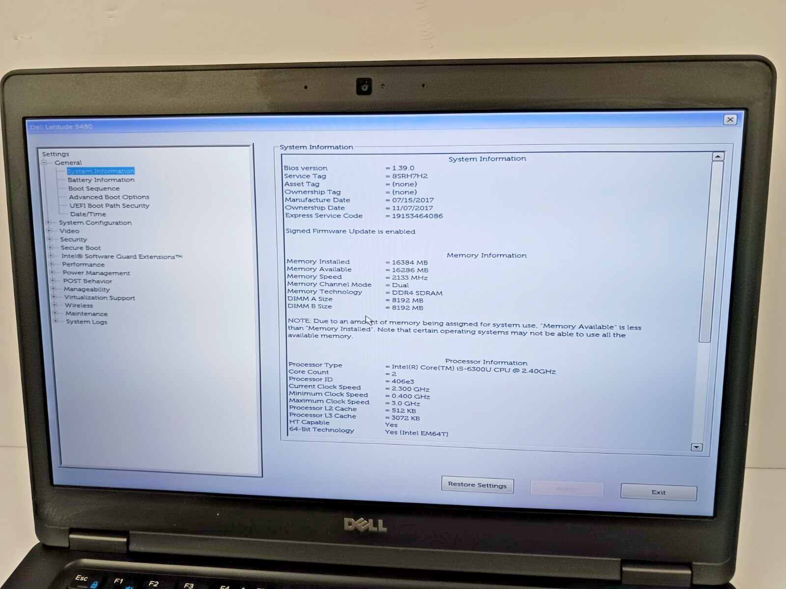 14″ DELL LATITUDE 5480 w/Intel i5-6300U @ 2.40GHz 16GB RAM 256GB SSD, NO OS